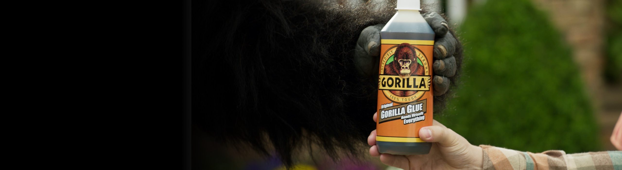 Gorilla Glue bottle being held by by a human hand and gorilla hand